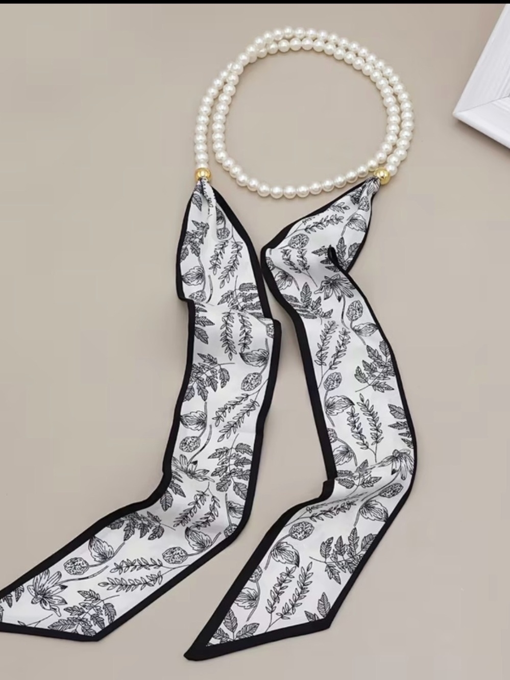 Pearl-Accent Black & White Botanical Scarf